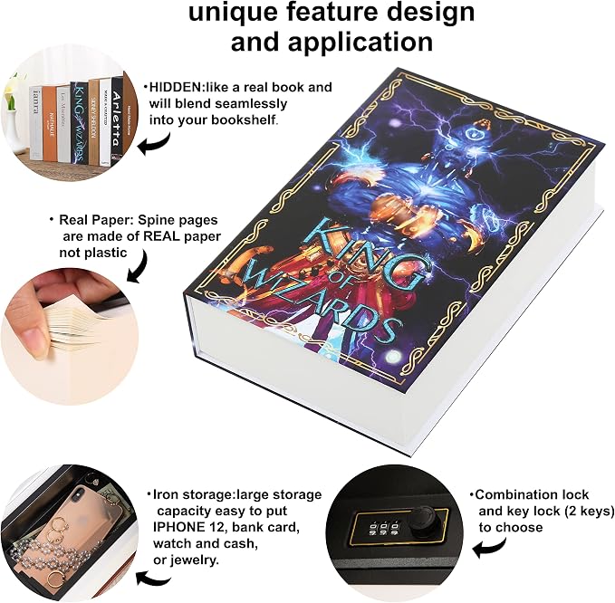Wizard Book Safe with Real Pages, Fantasy Secret Compartment Items Storage Box with Classic Key Lock, Decorative Hidden Stash Box, Hardcover Safe Box for Money, 9.3"x6.0"x2.3" - Image 3