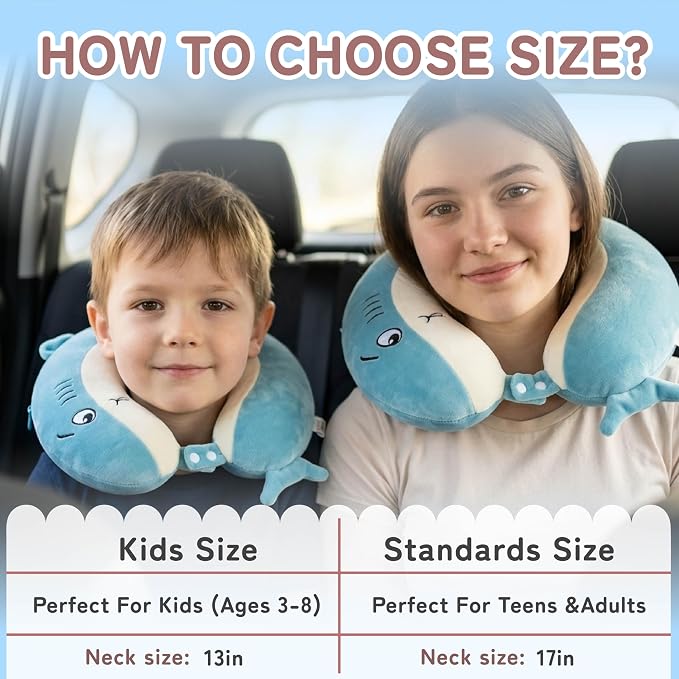 Kids Travel Neck Pillow for Ages 3-8, Memory Foam, Removable Cover, Shark | Machine washable, 13 in neck size, hidden zipper, 360-degree head and chin support, car seat and airplane use - Image 2