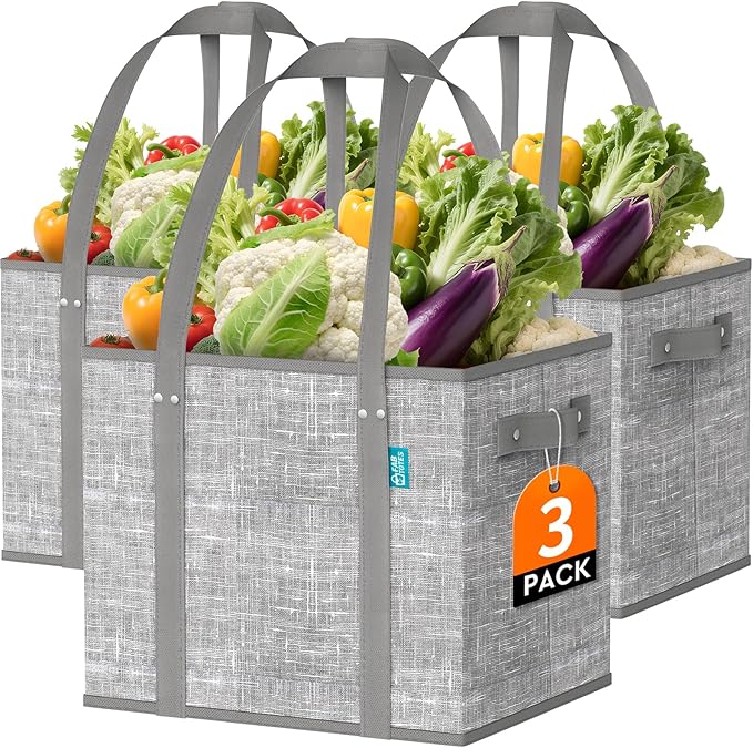 Fab totes Reusable Grocery Bags，Foldable Shopping Tote Bags | Large Shopping Tote Bags with Reinforced Handles & Hard Bottom,3 Pack,Grey by Fabtotes