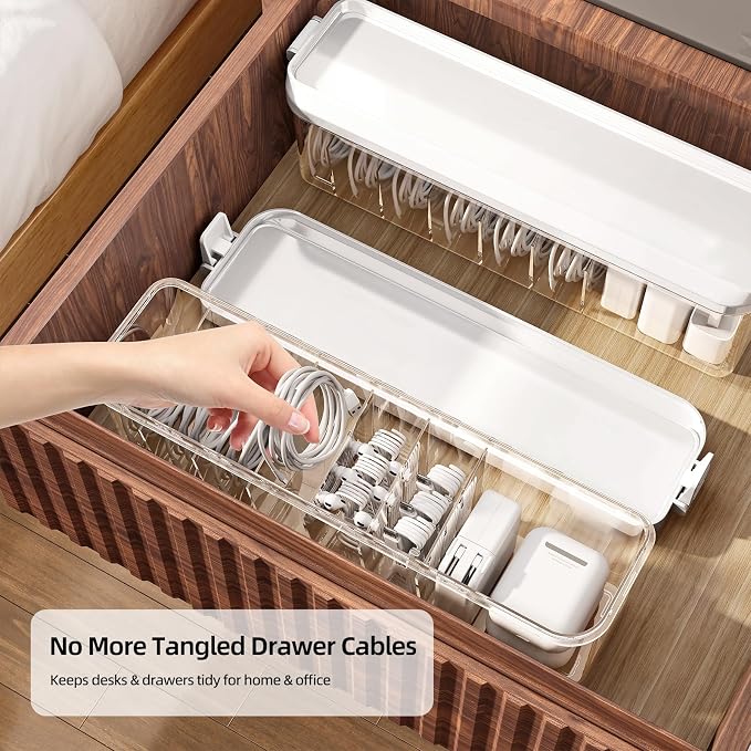 2 Pack Cable Organizer Box with Lid, Charge Cord Storage Organizer | Stackable Cable Storage Box, Fixed Dividers, No Cable Ties, Clear Dustproof Wire Management for Home Office Electronics - Image 4