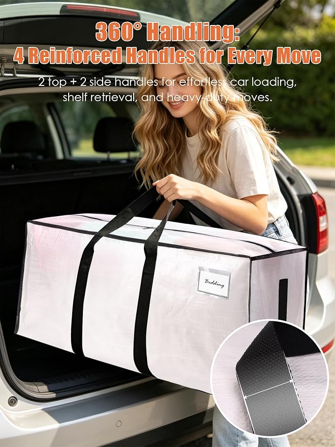 SWEET DOLPHIN 8 Pack 200LB Heavy-Duty Moving Bags with Wrap-Around Handles, Extra Large Storage Totes for Space Saving, Clothes Storage Bags, College Dorm Essentials, Semi-Transparent, 24 Gal - Image 5