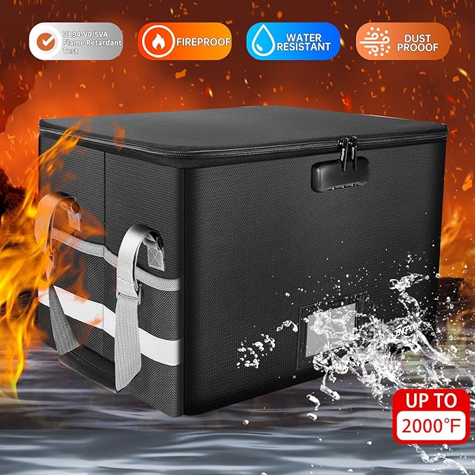 ENGPOW File Box with Lock,Fireproof Document Box with Zipper＆Pockets,Collapsible File Organizer Filing Storage Cabinet with Handle,Portable Home Office Safe for Hanging Letter/Legal Folder,Black - Image 4