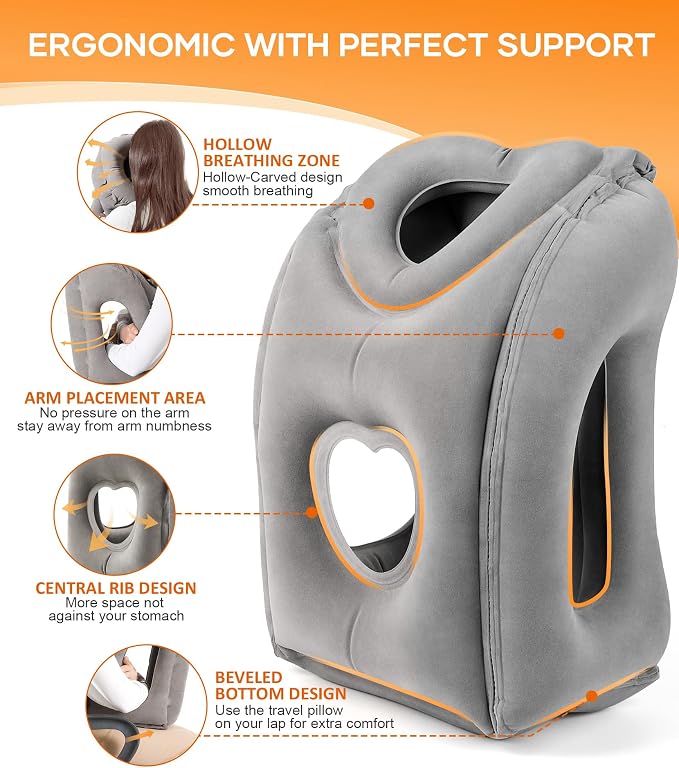 Sunany Travel Pillow, Upgraded Plane Pillow for Long Flights, Inflatable Neck Pillow Used for Airplanes,Cars,Buses,Trains,Office Napping with Eye Mask,Earplugs (Gray) - Image 3
