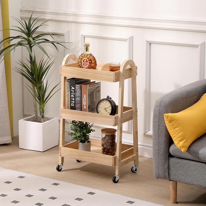 3-Tier Rolling Craft Cart, light-colored wood, Sturdy, Waterproof, with Wheels, for Kitchen, Bathroom, Laundry - Image 7