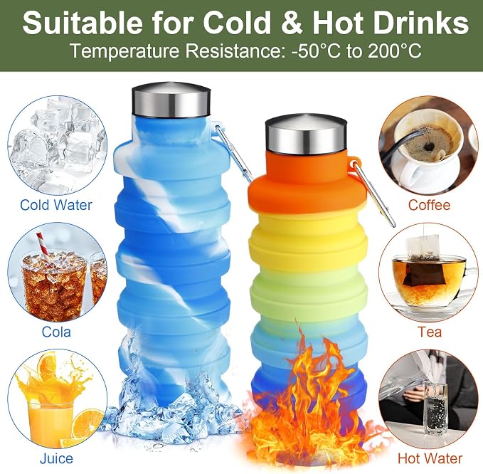 FillTouch 8 Pcs Collapsible Water Bottles 17oz Silicone Reusable Foldable Water Bottles with Carabiner Lightweight BPA Free Expandable Leakproof for Gym, Travel Camping, Hiking Outdoor Indoor Sport - Image 5