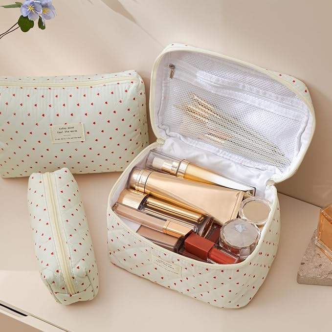 HBselect Quilted Makeup Bag, 3Pcs Cotton Large Travel Makeup Bags Organizer | Cute Floral Make up Bag Cosmetic Bag Toiletry Bag for Women Girls, Makeup Pouch for Skincare, Brushes & Travel Essentials - Image 3