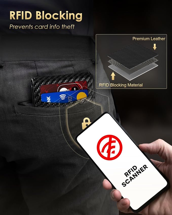 2026 Upgraded Minimalist Wallet for Men - RFID Blocking Credit Card Holder Case Leather Pop Up Aluminum Wallet with Cash Slot, Front Pocket ID Window Gift Boxed (Carbon Fiber - with Airtag Holder) - Image 2