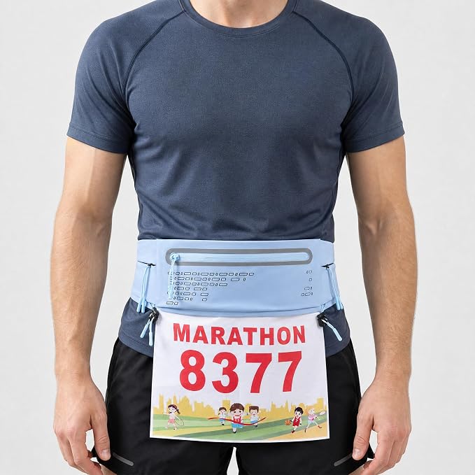 Running Belt Fanny Pack Men Women, Slim No-Bounce Waterproof Phone Holder | Adjustable Elastic Strap Fits 27-43" Hips, Detachable Race Bib Clips, Energy Gel & Sunglasses Loops, 3 IPX4 Pockets - Image 4