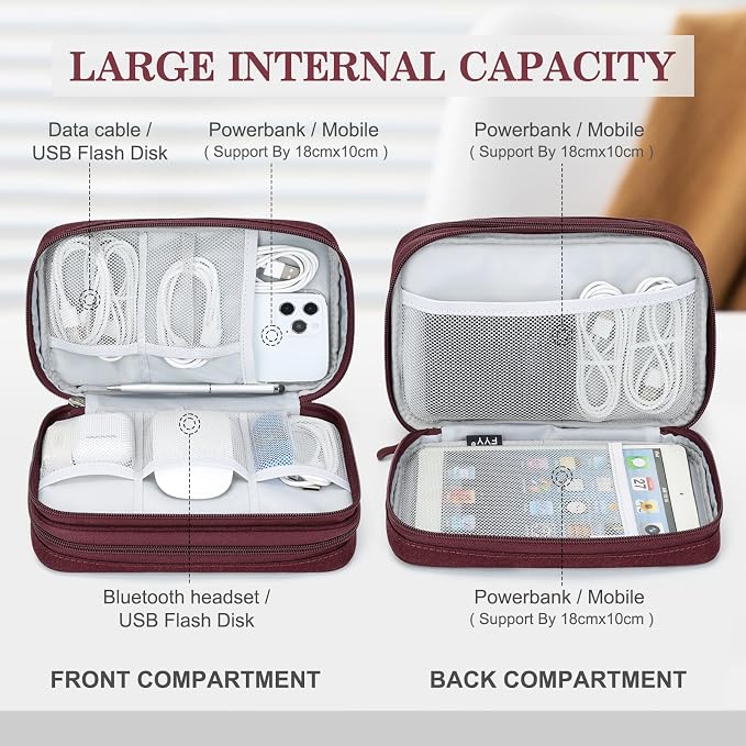 FYY Electronic Organizer, Travel Tech Pouch Bag, Large, Wine Red | Wrist Strap, Waterproof, Double Layers Portable Electronics Travel Carrying Case for Cord, Charger, Daily Business Trips Use - Image 3
