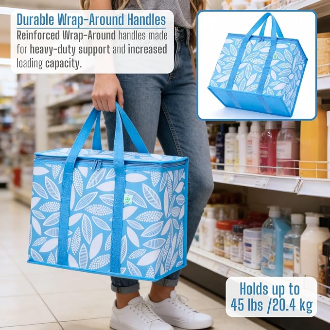 VENO 2 Pack Insulated Cooler Bag Reusable Grocery Bag for Food Delivery | Heavy Duty Large Collapsible Cooler Shopping Tote w/ Zippers, Foldable, Stands Upright for Camping (Spring Breeze, 2 Pack) - Image 5