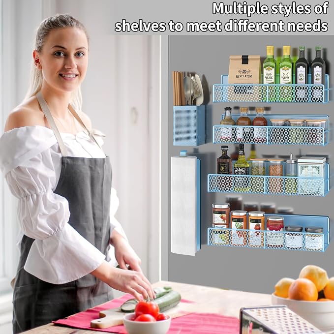 Magnetic Spice Rack for Refrigerator, 6 Pack Metal Magnetic Shelf Blue, Moveable Spice Organizer, Strong Magnetic Storage Fridge Organizer with Paper Towel Holder, Utensils Holder - Image 6