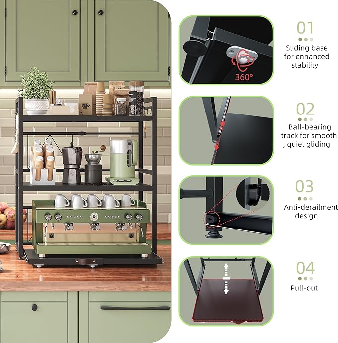 3 Tier Expandable Microwave Stand countertop,Microwave Oven Rack | Pull-Out Microwave Shelf, storage shelves for pans &appliances,Adjustable partition height，55 Lbs load Per Tier,Black - Image 4