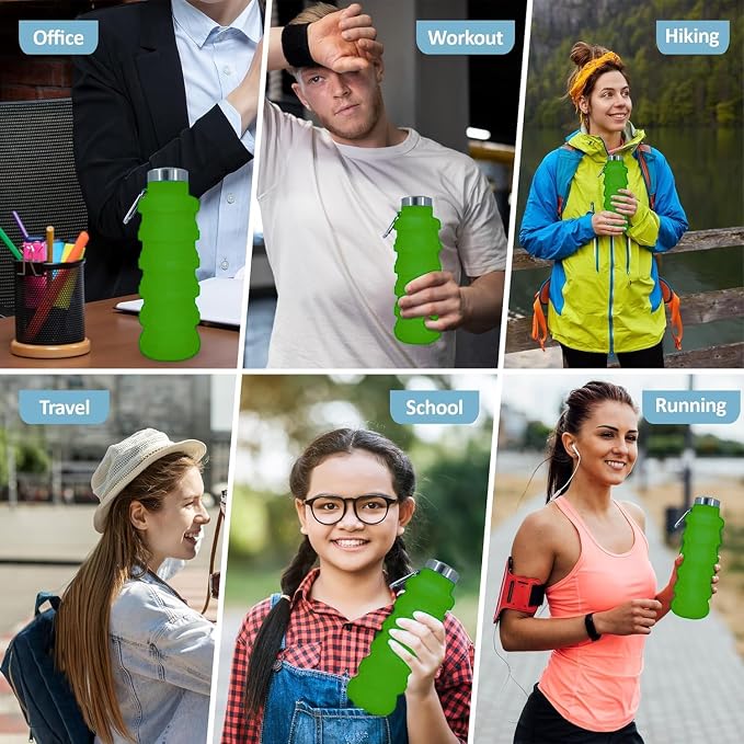 Collapsible Water Bottles 17oz, Odorless BPA-Free Silicone, Leak-Proof Foldable Reusable Bottle - Perfect for Travel Sports Gym Hiking Camping Cycling - Green - Image 3