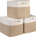 OIAHOMY 13 Inch Cube Storage Bins, 3-Pack Cotton Rope Woven Baskets for Organizing, Insert Storage Baskets for Shelves, Baby Nursery, Closet Organizer, 15 * 13 * 12.6IN, Brown & White by MasterofSpaceOptimization