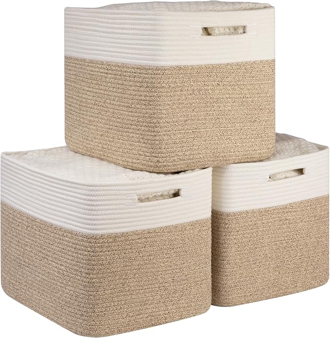 OIAHOMY 13 Inch Cube Storage Bins, 3-Pack Cotton Rope Woven Baskets for Organizing, Insert Storage Baskets for Shelves, Baby Nursery, Closet Organizer, 15 * 13 * 12.6IN, Brown & White by MasterofSpaceOptimization