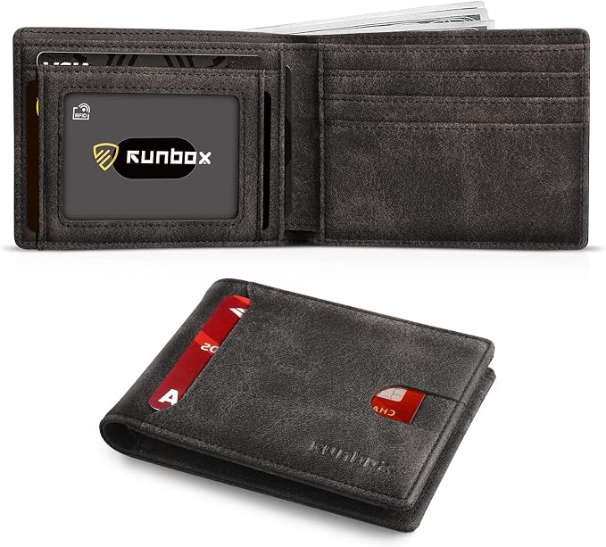 RUNBOX Wallet for Men, Slim Leather Bifold, RFID Blocking Card Holder | Minimalist Front Pocket Design, Credit Card Organizer, Holds 11 Cards, Large Capacity, Thin Profile, Birthday Gifts for Men by RUNBOX