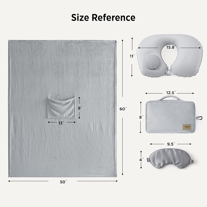 Bedsure Travel Blanket Set with Inflatable Neck Pillow and Eye Mask - Lightweight 3-in-1 Airplane Packable Blanket, Compact Travel Essentials, Grey - Image 6