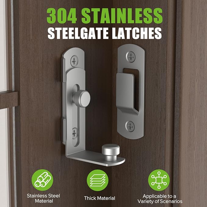 Barn Door Lock, 90 Degree Bifold Flip Door Latch, Silver | Stainless Steel Angle Latch Lock for Barn, Bathroom, Outdoor, Garage - Image 2