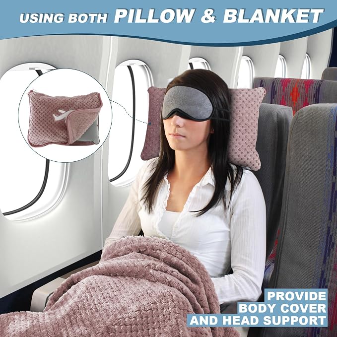 3 in 1 Travel Pillow and Blanket Set - 280 GSM Travel Blanket Airplane Compact with Bag, Inflatable Travel Pillow, Packable Airplane Blanket, Luggage Sleeve & Backpack Clip (Pink) - Image 2