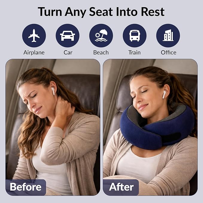 Travel Neck Pillow,Ergonomic 360° Memory Foam Support for Head, Neck. Adjustable for Long Flights. Soft &Washable Cover, EVA Box, 3D Eye Mask, Earplugs, Hair Tie & Luxury Bag (Dark Blue) - Image 3