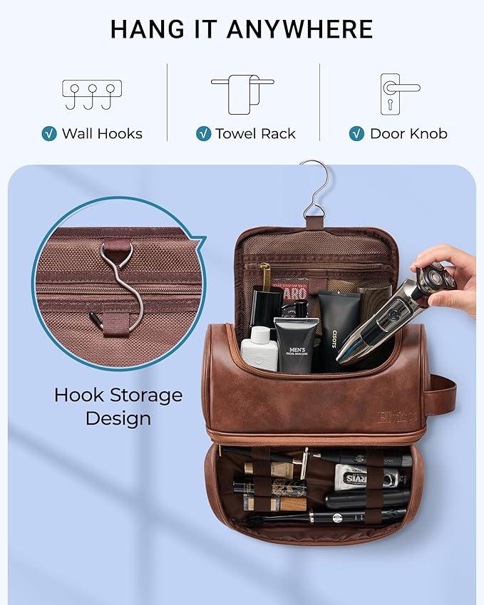 Elviros Toiletry Bag for Men PU Leather Kit (Extra Large, Dark Brown) | Water-Resistant Travel Organizer with Hanging Hook for Toiletries, Shaving Tools, Grooming Items, and Daily Storage - Image 6