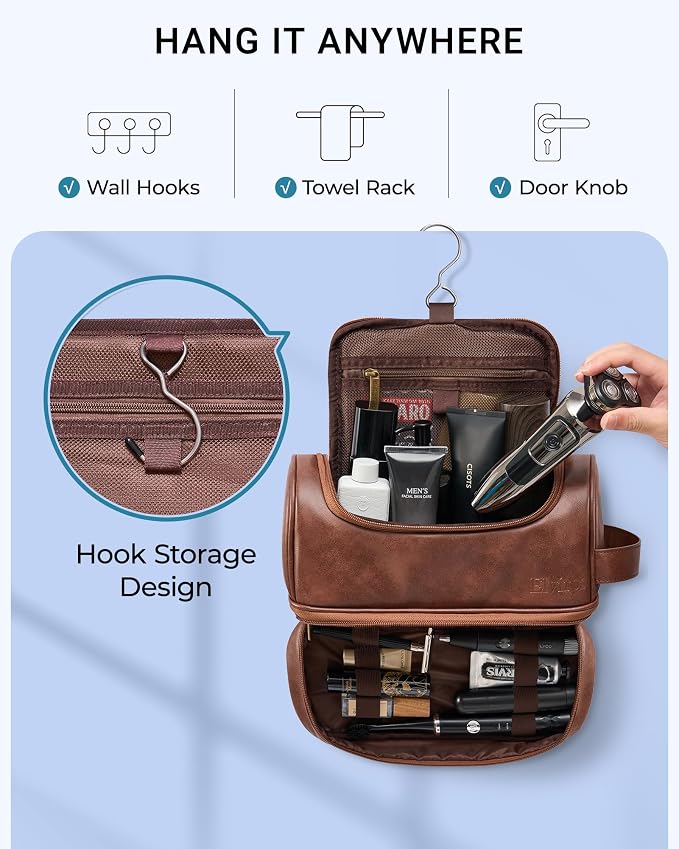 Elviros Toiletry Bag for Men PU Leather Shaving Dopp Kit (Dark Brown) | Water-Resistant Travel Organizer with Hanging Hook for Toiletries, Shaving Tools, Grooming Items, and Men’s Gifts - Image 6