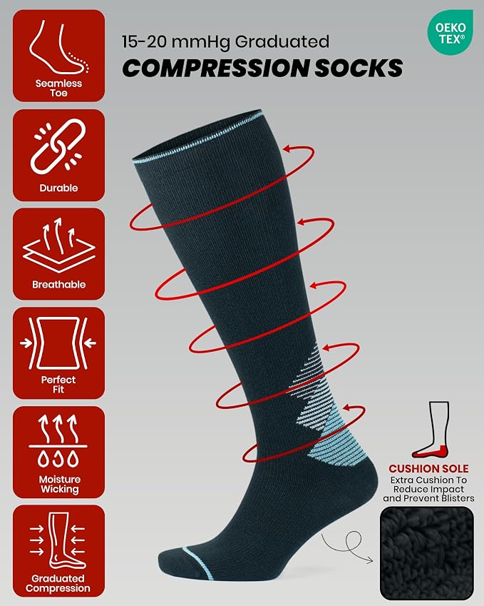 GoWith 15-20 mmHg Merino Wool Compression Socks, Thermal Travel Socks, Cushioned Knee High Hiking Socks for Men/Women - Image 4