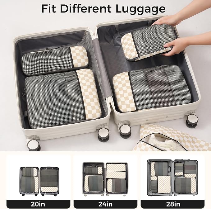 BAGAIL 4 Set/6 Set/8 Set Compression Packing Cubes Travel Accessories Expandable Packing Organizers (Half Mesh, 6-Khaki Checkered) - Image 6