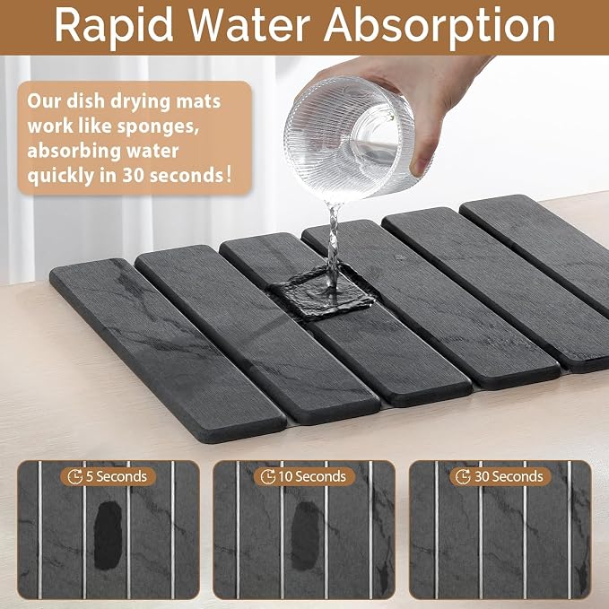 Small Stone Dish Drying Mat for Kitchen Counter, 2 PCS 16"×12" & 8"x4" Quick Dry Stone Mats, Foldable Water Absorbing Diatomaceous Earth Drying Dish Pad for Countertop Bottles Utensils Cups(Dark Gray) - Image 3