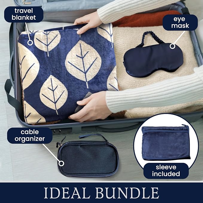 3 Piece Travel Blanket Set with Eye Mask & Cable Organizer , Ultra Soft Flannel Airplane Blanket with Carry Bag , Lightweight, Warm & Compact for Travel, Car, Sofa & Bed , Ideal for Adults & Kids - Image 2
