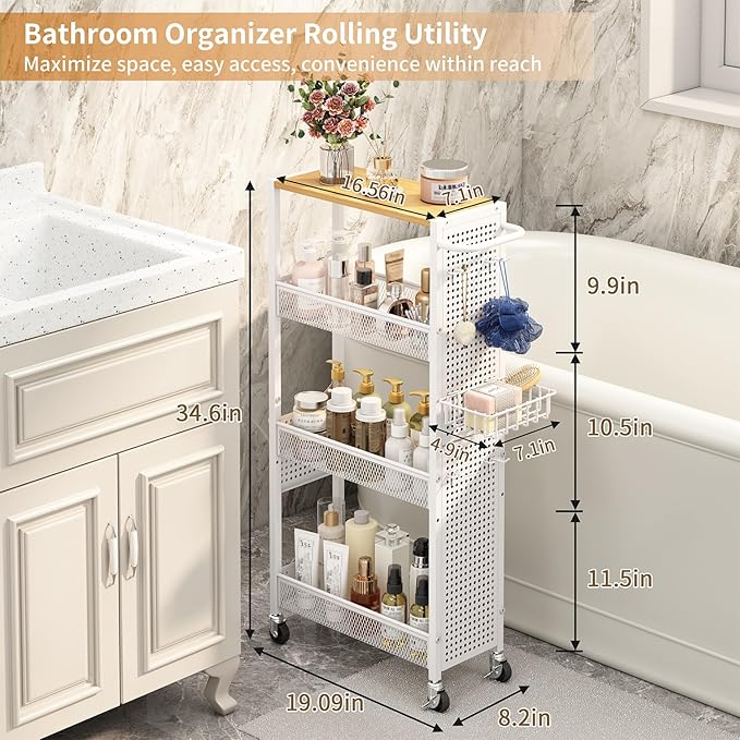 Slim Storage Rolling Cart: 4-Tier Narrow Metal & Wood Utility Cart with Wheels for Kitchen/Laundry/Bathroom(White) - Image 2