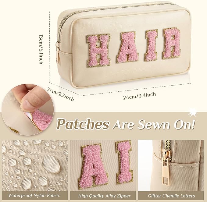Preppy Makeup Bags Chenille Letter Stuff Bag Nylon Cosmetic Pouch Cases with Zipper for Women Travel Toiletry(Cream Color,Classic,2 Pcs) - Image 2
