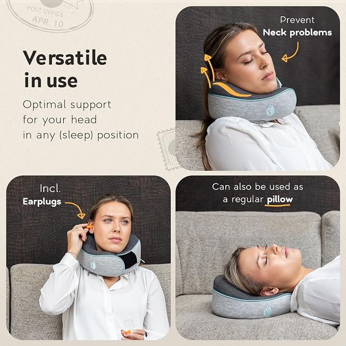 Neck Pillow Airplane - Travel Pillow - Comfortable and Ergonomic Memory Foam - Airplane Pillow with 360° Head & Neck Support - Grey - Image 3