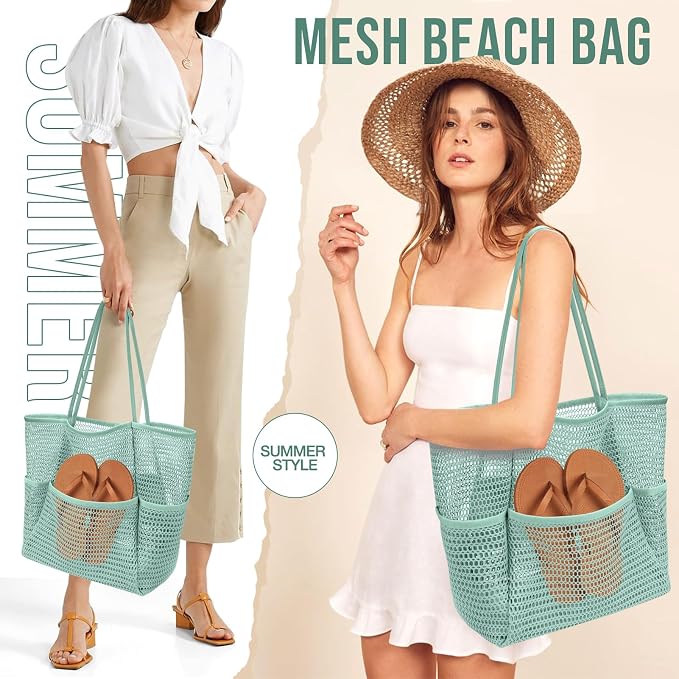 KPX Beach Bag with Mini Pocket, Summer Beach Tote Bags for Women Large Foldable Mesh Swimming Pool Travel Bags - Sandproof - Image 3