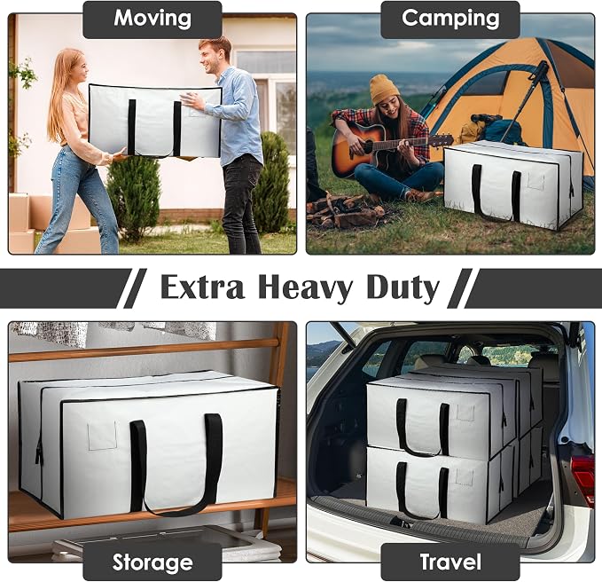 6 Pack Moving Bags Heavy Duty 210GSM with Full-Open Side Zipper, 93L 65lbs Waterproof Foldable Storage Totes for College Dorm Move-In, Moving Boxes Alternative & Home Organization,White - Image 6