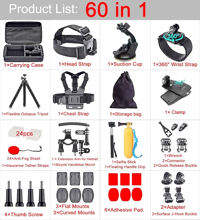 60 in 1 Action Camera Accessories Kit for GoPro 13 12 10 9, Insta360, DJI | Compatible with GoPro Hero 8 7 6 5 , AKASO，Campark APEMAN Action Cams - Image 2