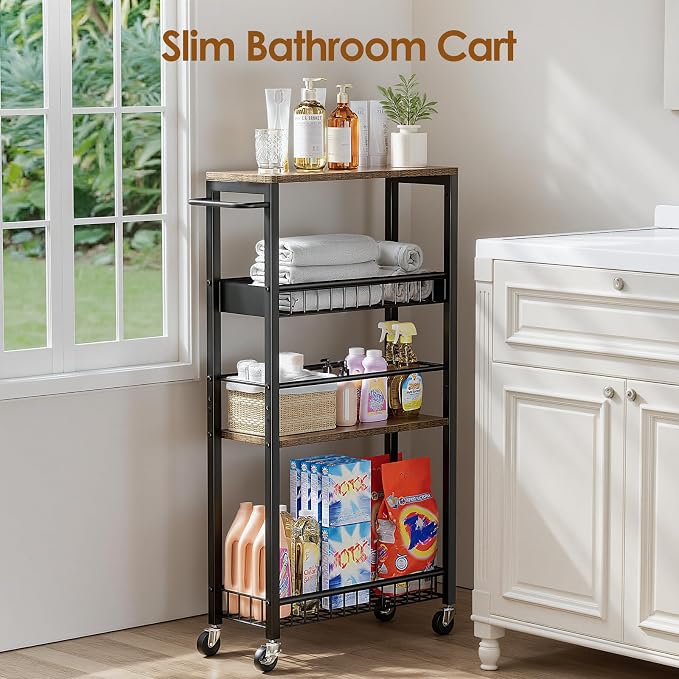 Slim Rolling Storage Cart, 4 Tier Narrow Storage Cart, 7.1in(W) | Metal Kitchen Rolling Cart for Small Spaces, Narrow Shelf for Kitchen, Laundry Room, Bathroom, Living Room - Image 4