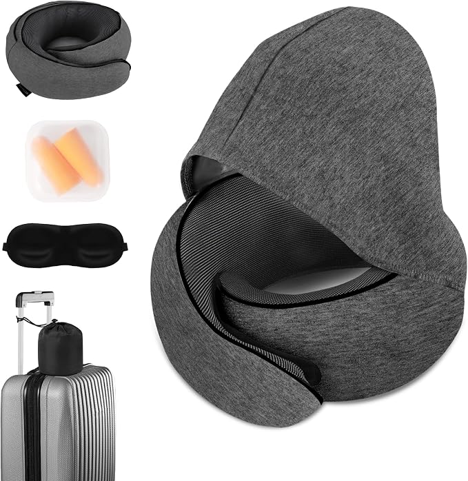 Travel Neck Pillow, Newly Upgraded Hooded Neck Pillow, 100% Pure Memory Foam Travel Pillow for Flight Headrest Sleep,Portable Aircraft Accessory,Suitable for use in Plane/Car/Office(Grey) by Unknown