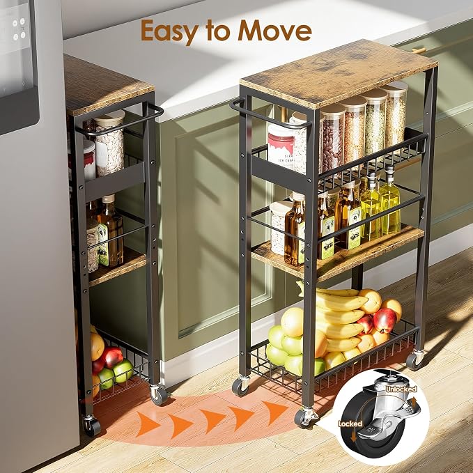 Slim Rolling Storage Cart, 4 Tier Narrow Storage Cart, 9.1in(W) | Metal Kitchen Rolling Cart for Small Spaces, Narrow Shelf for Kitchen, Laundry Room, Bathroom, Living Room - Image 3