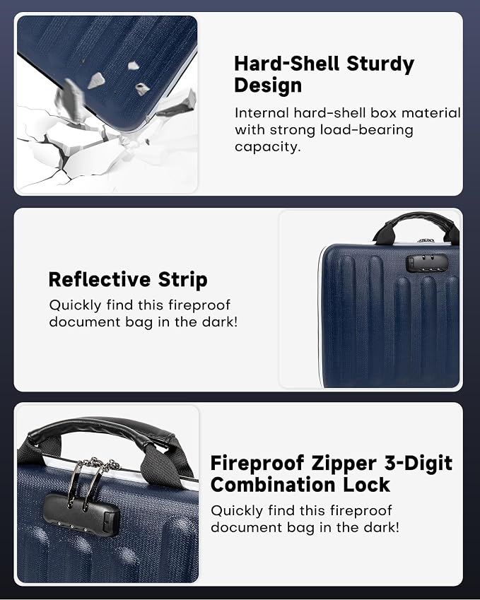 DOZAWA Fireproof Document Box, Waterproof Hard File Organizer with Lock | UL-94 VTM-0 certified 8-layer document box withstands up to 5200°F, featuring waterproof zippers, DeepBlue - Image 7