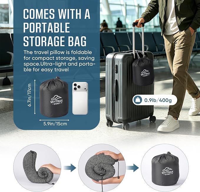 SkytraxComf® Travel Neck Pillow with Hood for Privacy on Long Flights | Memory Foam | Airplane Sleep | Safety-Tested Materials | Extra Large Hood | Chin Support | Earplugs | Washable Cover - Image 8