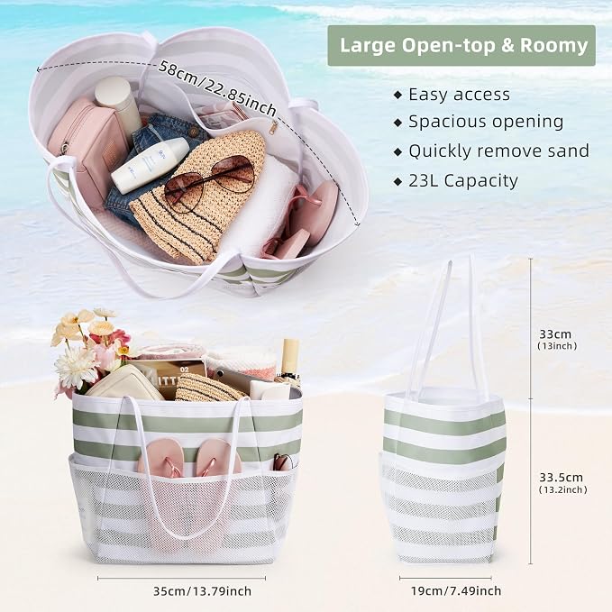 KALIDI Beach Tote Bag Women Large Waterproof Sandproof Shoulder Handbags | Foldable Grocery Bag Striped Pool Bag Lightweight Travel Purse for Picnic Travel Vacation Casual Errands Everyday Daily - Image 4