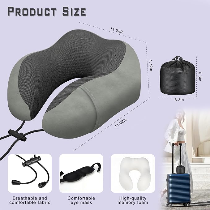 Travel Neck Pillow,Neck Pillow for Sleeping Travel,Airplane, Car, Office | Upgraded Memory Foam Neck Pillow for Travel,Machine Washable, Adjustable Flight Pillow, Suitable for Sleeping (Grey) - Image 2