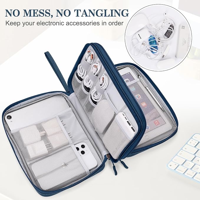 FYY Electronic Organizer, Travel Tech Pouch Bag, Extra Large, Navy | Wrist Strap, Waterproof, Double Layers Electronics Travel Case for iPad, Cord, Laptop Charger, Daily and Business Trips Use - Image 5