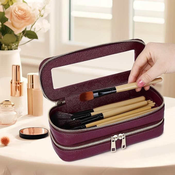 Pinkmik Double Layer Makeup Bag, Burgundy, Double SLIM | Makeup Brush Case, Waterproof, Travel Cosmetic & Toiletry Organizer - Image 2