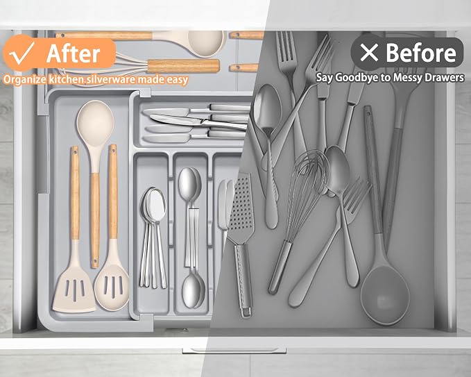 Silverware Organizer Expandable Kitchen Drawer Organizer Adjustable 22"x 19" Utensil Organizer with Rubber Feets Cutlery Drawer Organizer for Spoons Forks Knives Kitchen Organizers and Storage Grey - Image 4