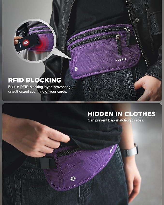 VULKIT Money Belt for Travel, Hidden Passport Holder, Anti-Theft Travel Wallet Under Clothes, RFID Blocking Waist Pouch, Undercover Fanny Pack, Violet Purple - Image 4