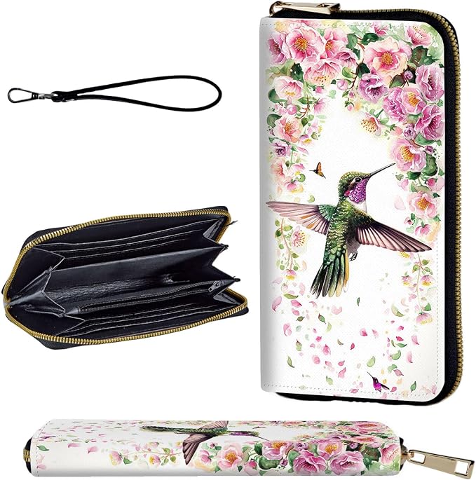 Wallet,Leather Long Wallet Suitable For Ladies And Teenagers - Detachable Wristband + RFID Travel Wallet With Card Slot - Hummingbird and Flowers by Unknown