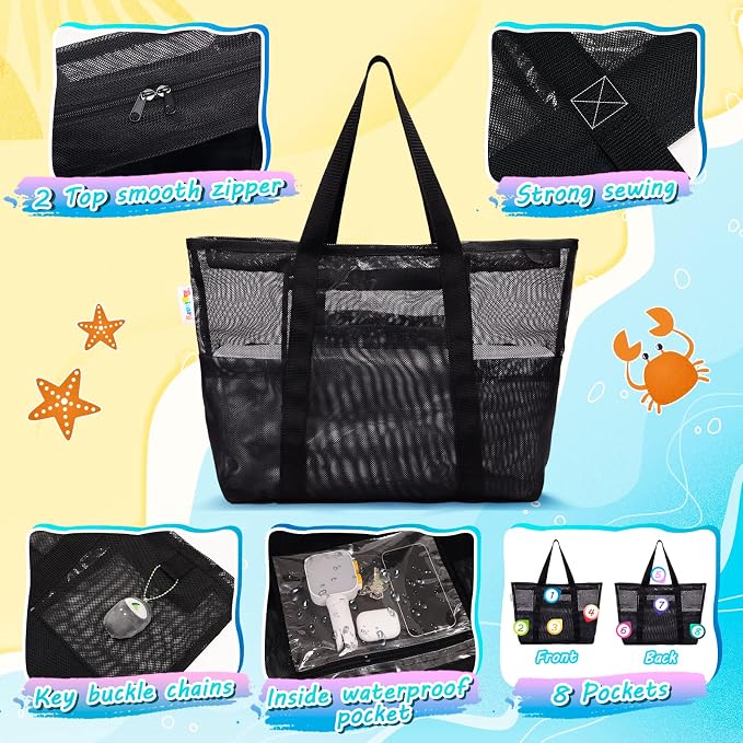 Tagitary Mesh Beach Bag with Zipper Large Beach Tote Waterproof Sandproof with 8 Pockets for Toys Pool Bag Beach Accessories - Image 5