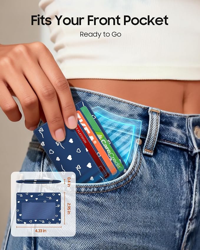 FINTIE Slim Minimalist Front Pocket Wallet RFID Blocking Credit Card Holder | Card Cases with ID Window for Men Women, navy heart - Image 2